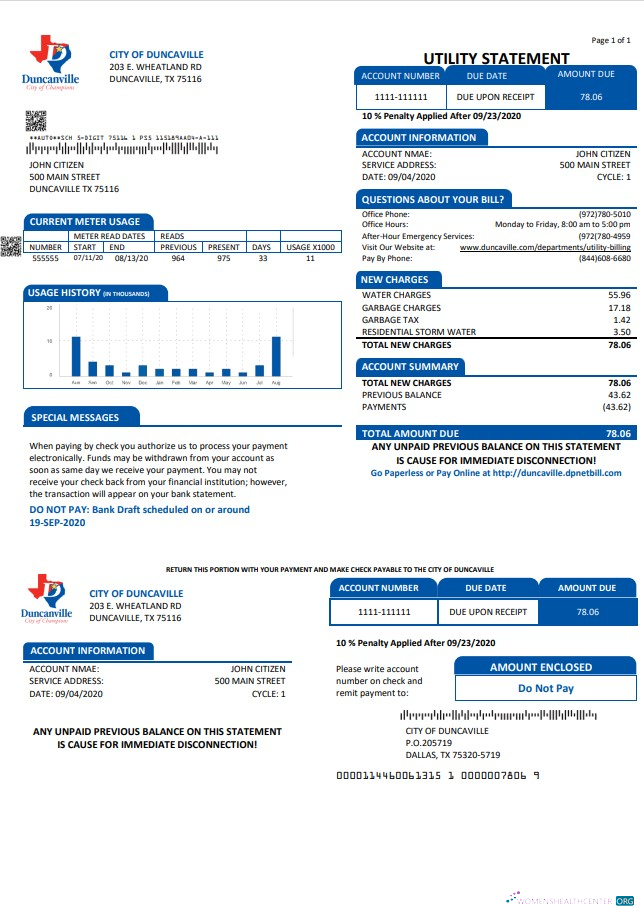 USA Texas City of Duncanville water, sewer, garbage utility bill template in Word and PDF format